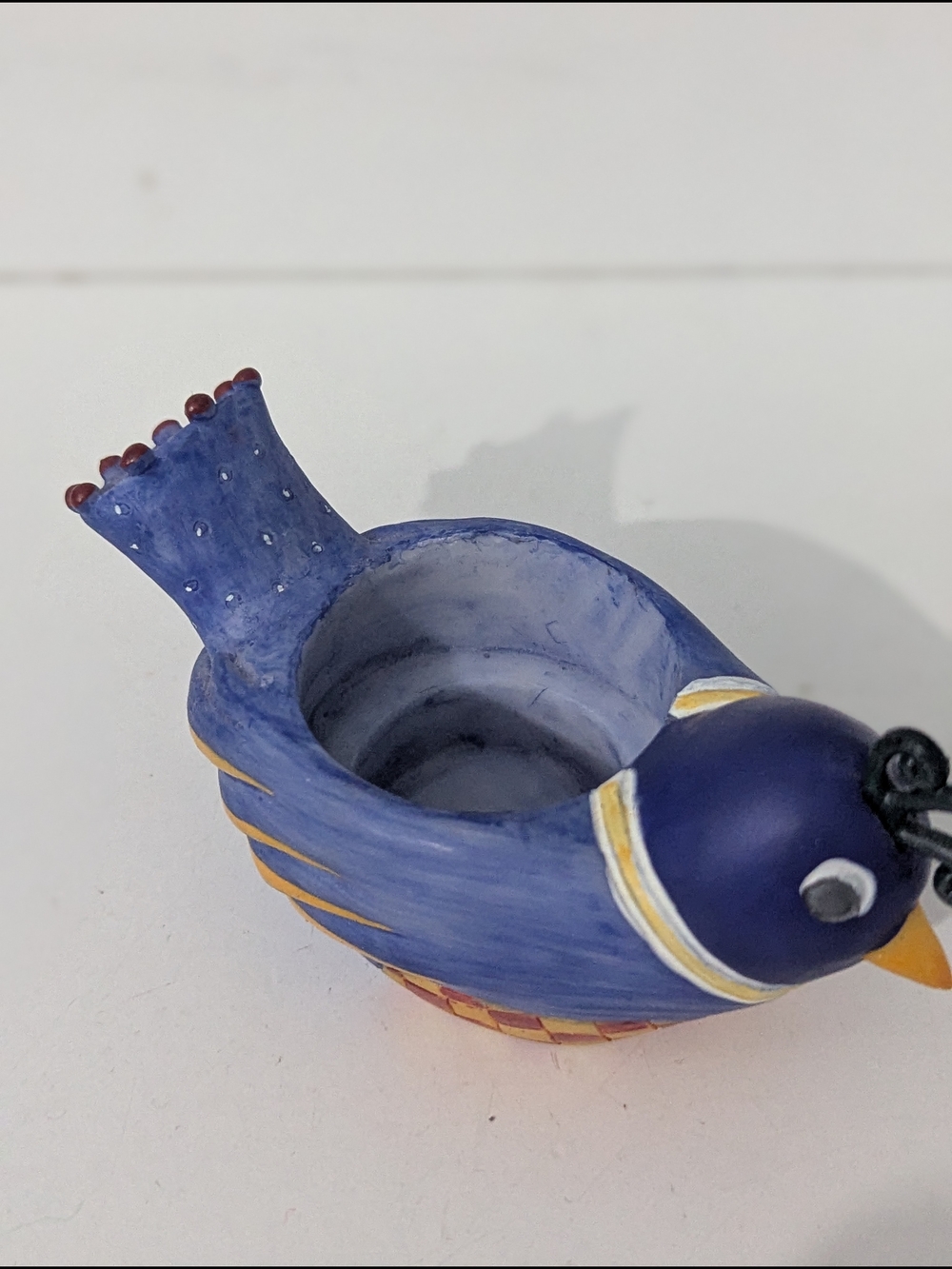 Whimsical Handpainted Decorative Blue Bird Tealight Holder Checkerboard Detail - Picture 7 of 11